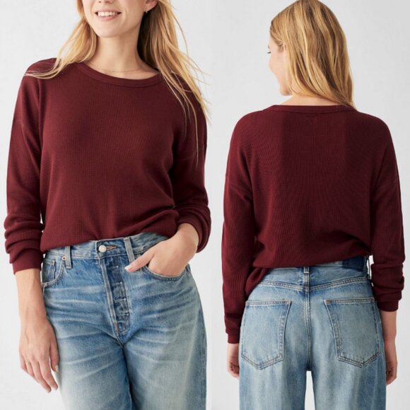 FAHERTY Women's Legend Waffle Knit Crew Neck Long Sleeve Top Maroon Size M - Picture 1 of 7